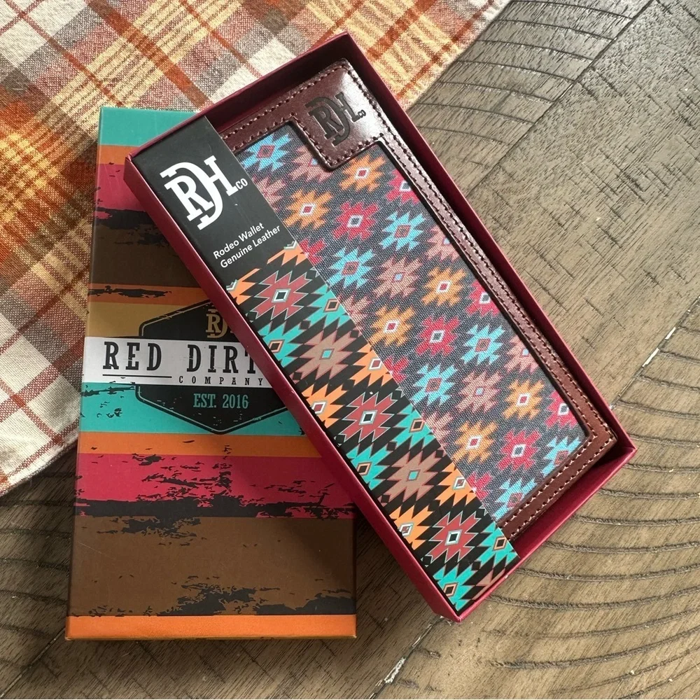 New Red Dirt Western Wallet Mens Rodeo Leather Southwestern Canvas Inlay Aztec